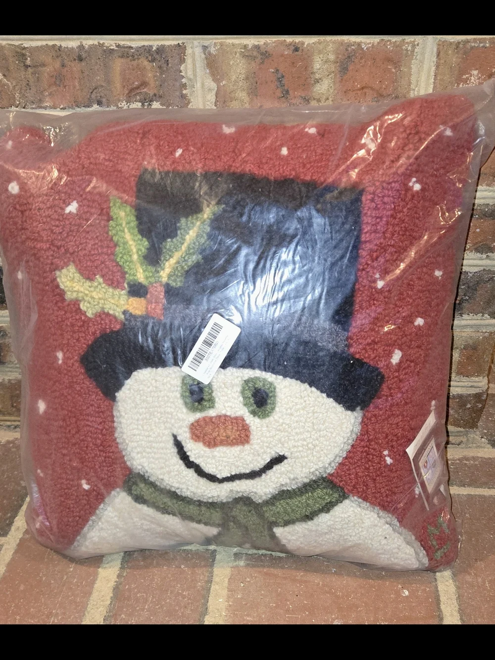 Garnet Hill Chandler 4 Corners Red Snowman Hooked Holiday Pillow